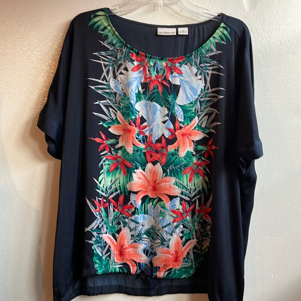 Liz Claiborne scoop neck floral front lightweight tie waist tunic top XL